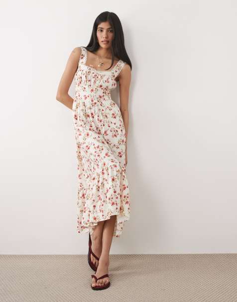 New Look - Vestito midi color crema con spalline sottili e corsetto a fiorellini - view 1