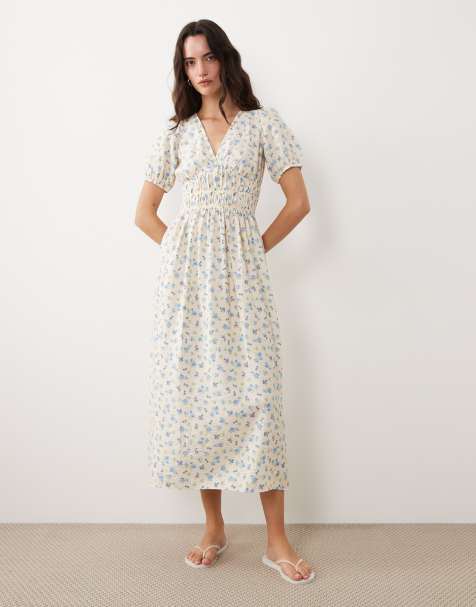 New Look - Vestito midi color panna a fiorellini con scollo a V e vita arricciata - view 1