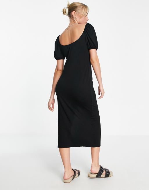 New Look - Vestito midi con bustino arricciato e maniche a sbuffo nero con spacco laterale, 4 di 4