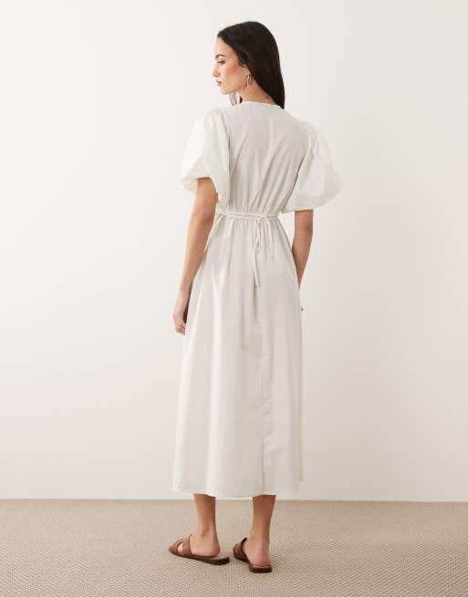 New Look - Vestito midi con maniche a sbuffo e scollo a V bianco, 3 di 4