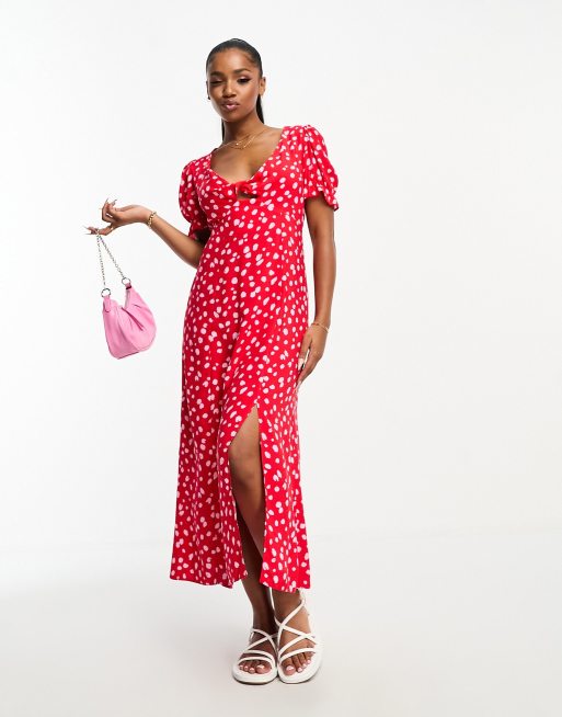 New Look - Vestito midi con scollo a V attorcigliato davanti rosso con motivo