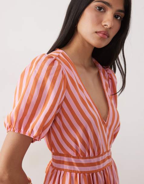 New Look - Vestito midi con scollo a V rosa a righe - view 1