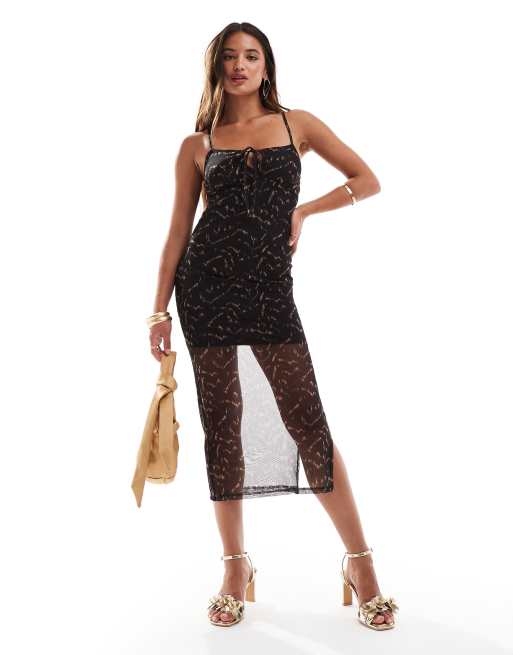 New Look - Vestito midi con spalline sottili in rete nero a fantasia