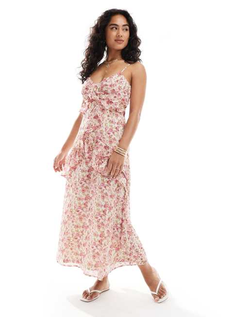 New Look - Vestito midi con volant color crema a fiori