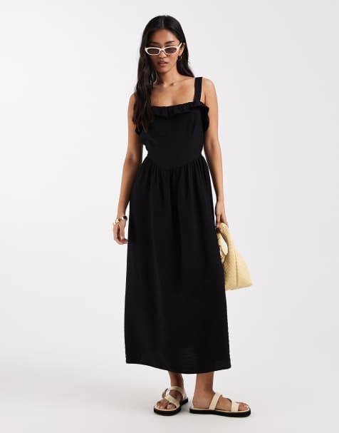 New Look - Vestito midi con volant e spalline sottili nero - view 1