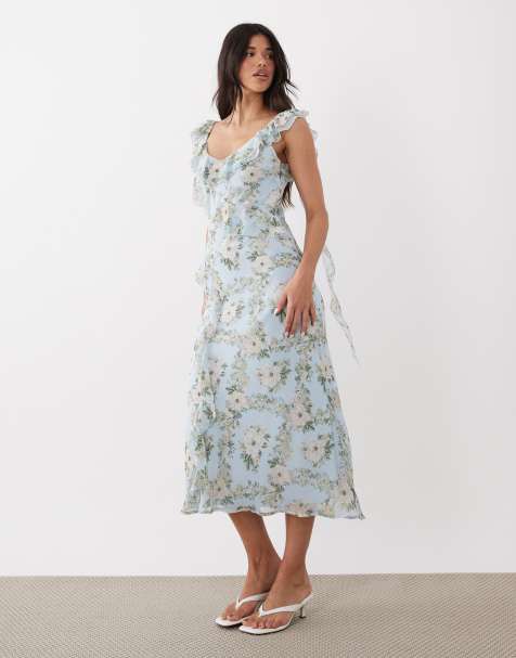 New Look - Vestito midi in chiffon blu a fiori con volant - view 1