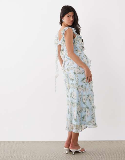 New Look - Vestito midi in chiffon blu a fiori con volant, 3 di 4