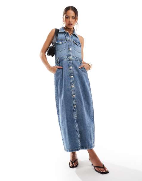 New Look - Vestito midi in denim allacciato al collo - view 1