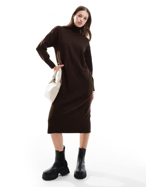 New Look - Vestito midi in maglia marrone con collo alto
