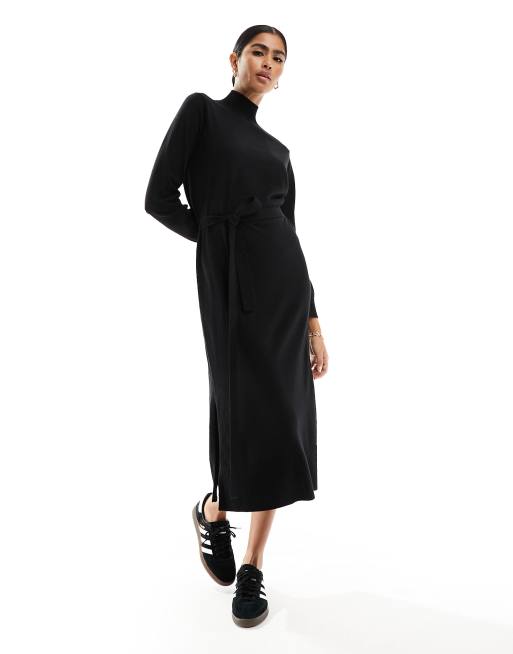New Look - Vestito midi in maglia nera con cintura