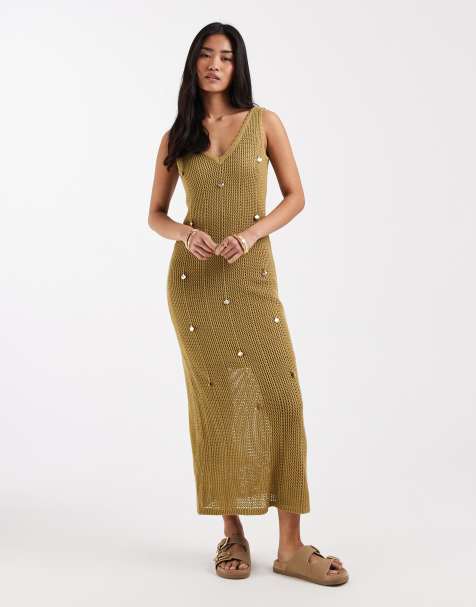 New Look - Vestito midi in maglia verde con dettagli a conchiglia - view 1