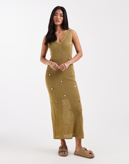 New Look - Vestito midi in maglia verde con dettagli a conchiglia, 1 di 4