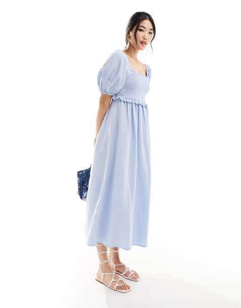 New Look - Vestito midi in misto lino arricciato azzurro con maniche a sbuffo - view 1