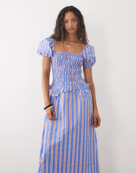 New Look - Vestito midi in popeline blu a righe con vita arricciata e volant - view 1