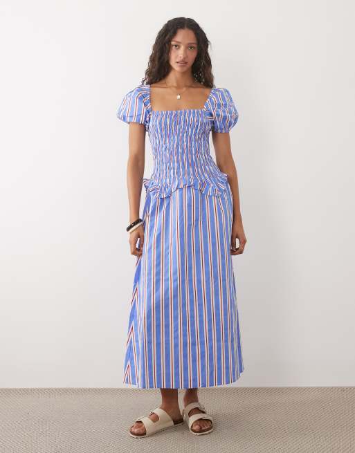 New Look - Vestito midi in popeline blu a righe con vita arricciata e volant, 2 di 4