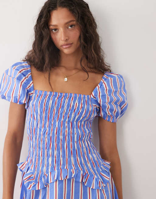 New Look - Vestito midi in popeline blu a righe con vita arricciata e volant, 3 di 4