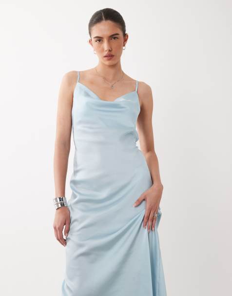 New Look - Vestito midi in raso azzurro con scollo ad anello - view 1