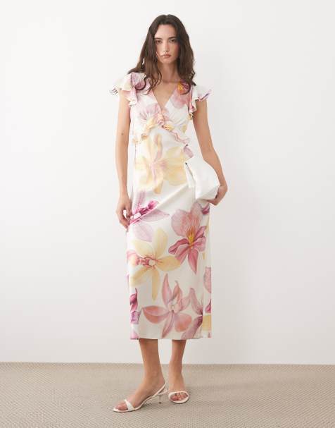 New Look - Vestito midi in raso color crema con stampa a fiori e maniche con volant - view 1
