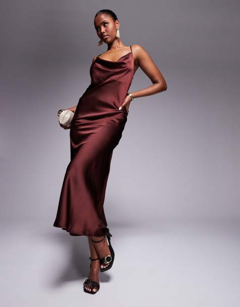 New Look - Vestito midi in raso con scollo ad anello marrone - view 1