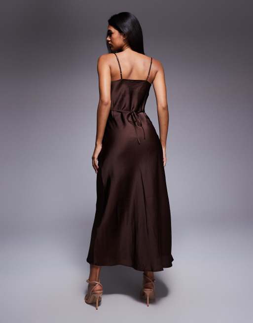 New Look satin cowl neck midi dress in brown