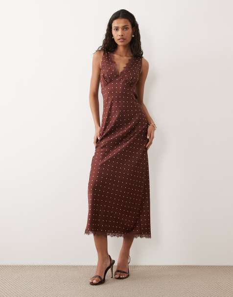 New Look - Vestito midi in raso e pizzo marrone a pois - view 1