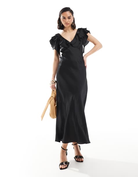 New Look - Vestito midi in raso nero con maniche con volant - view 1