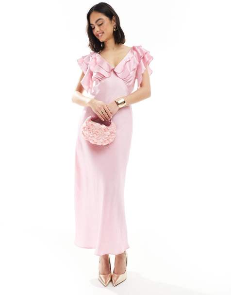 New Look - Vestito midi in raso rosa con volant sulle maniche - view 1