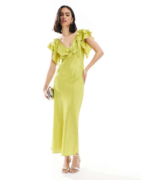 New Look - Vestito midi in raso verde acceso con volant sulle maniche - view 1
