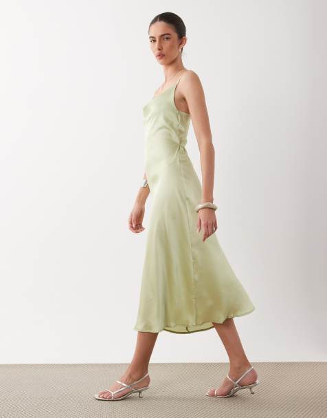 New Look - Vestito midi in raso verde salvia con scollo ad anello - view 1