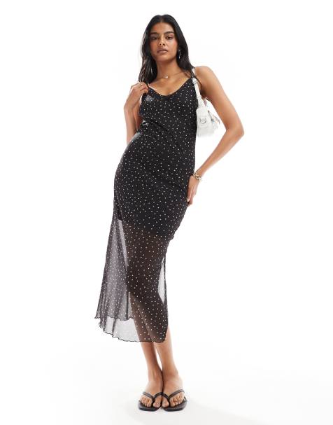New Look - Vestito midi in rete a pois con spalline sottili - view 1
