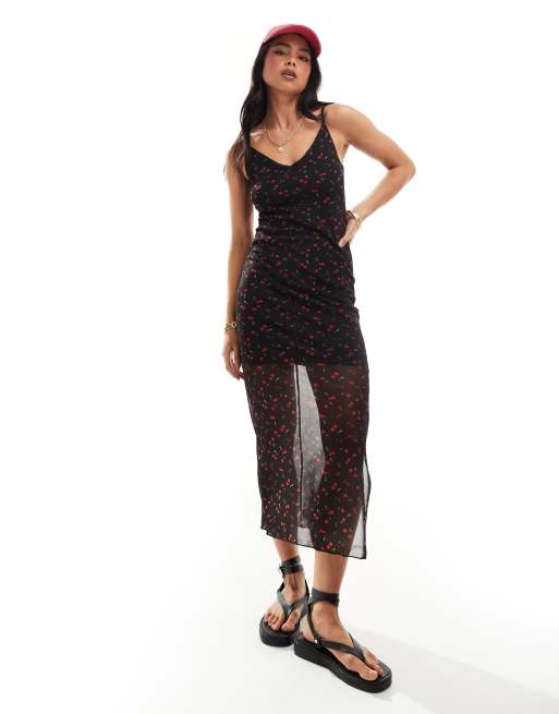 New Look - Vestito midi in rete con spalline sottili e ciliegie