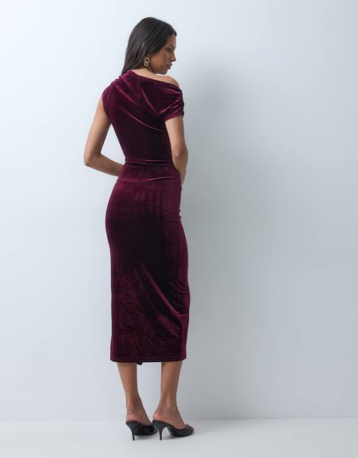 New Look vestito midi in velluto con spalle scese e dettaglio annodato, bordeaux, 3 di 4