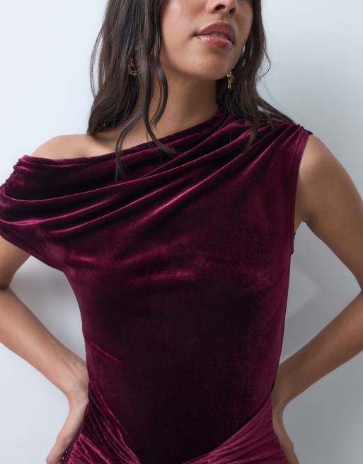 New Look vestito midi in velluto con spalle scese e dettaglio annodato, bordeaux, 4 di 4