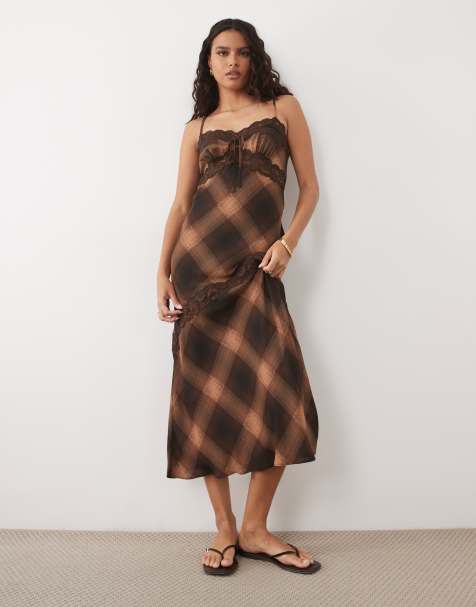 New Look - Vestito midi marrone a quadri con spalline sottili e finiture in pizzo - view 1