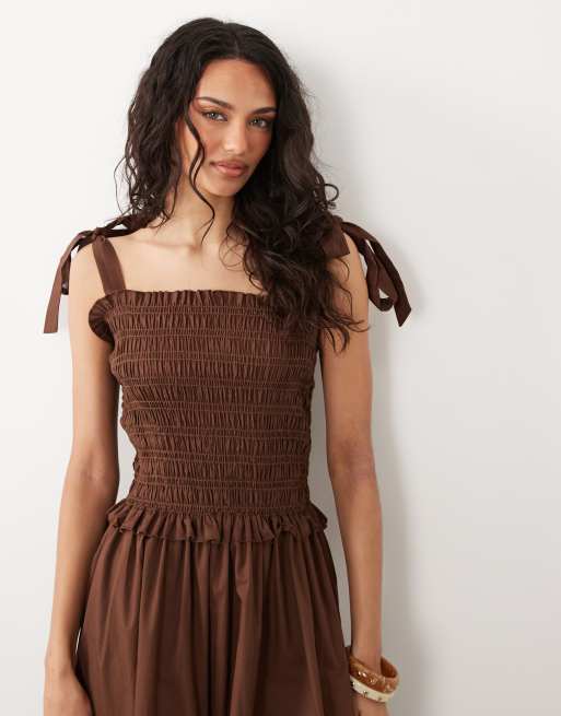 New Look - Vestito midi marrone arricciato con spalline annodate, 2 di 4