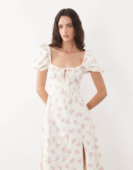 New Look - Vestito midi milkmaid bianco a fiori, 2 di 4