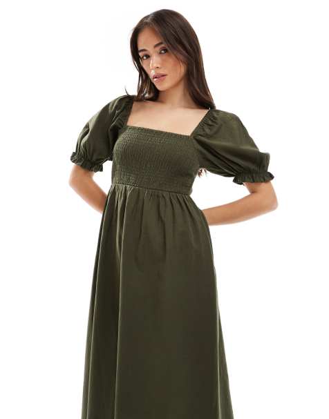 New Look - Vestito midi milkmaid con maniche a sbuffo kaki - view 1