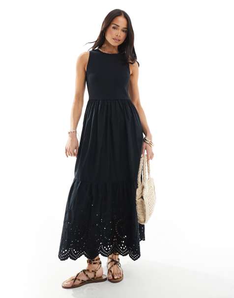 New Look - Vestito midi nero a coste ricamato con scollo a vogatore - view 1