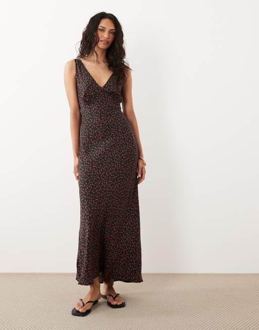 New Look - Vestito midi nero a fiorellini con scollo a V e taglio sbieco