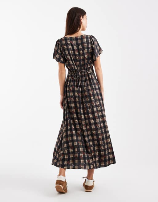 New Look - Vestito midi nero a quadri con fiocco in velluto, 2 di 4