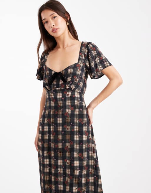 New Look - Vestito midi nero a quadri con fiocco in velluto, 3 di 4