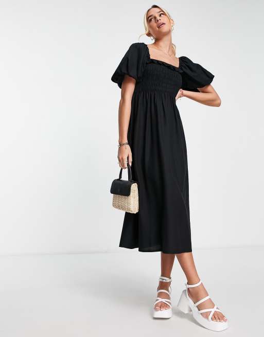 New Look - Vestito midi nero arricciato con maniche a sbuffo e scollo squadrato, 3 di 4
