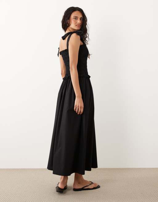 New Look - Vestito midi nero arricciato con spalline annodate, 4 di 4