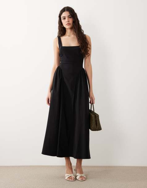 New Look - Vestito midi nero con scollo squadrato e cuciture a vista - view 1