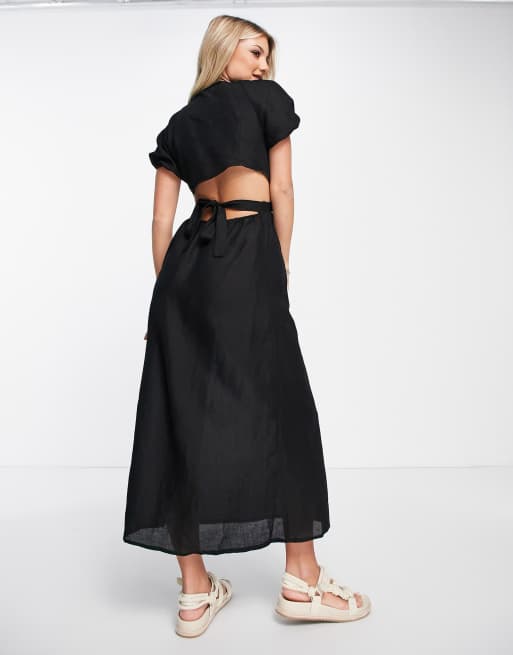 New Look - Vestito midi nero in misto lino con maniche a sbuffo e cut-out, 2 di 4