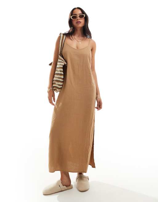 New Look - Vestito midi stile sottoveste effetto lino color cammello con spalline sottili