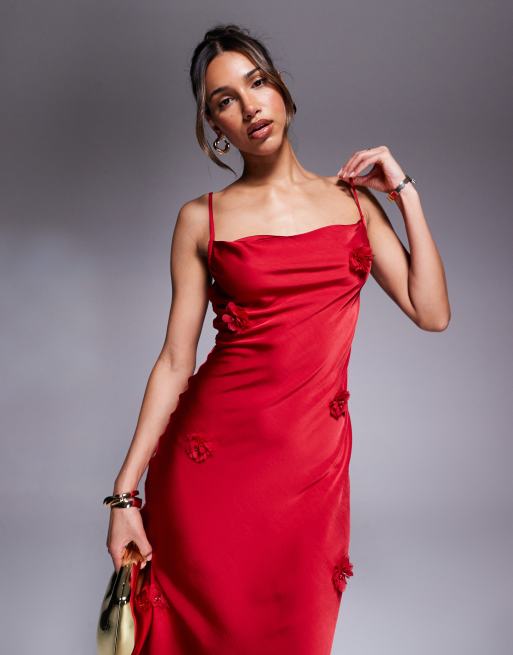 New Look - Vestito midi stile sottoveste rosso con fiori applicati