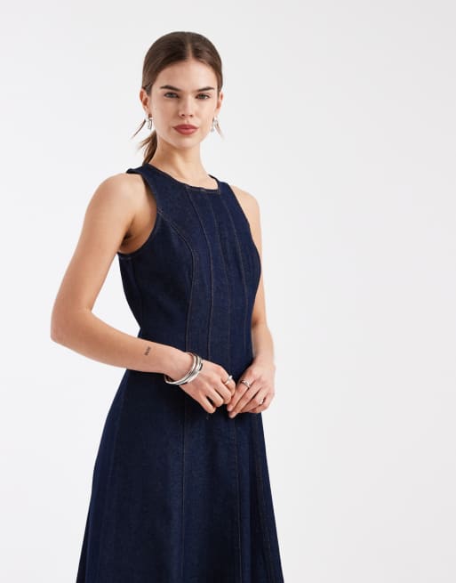 New Look - Vestito midi stretto in vita in denim indaco, 2 di 4