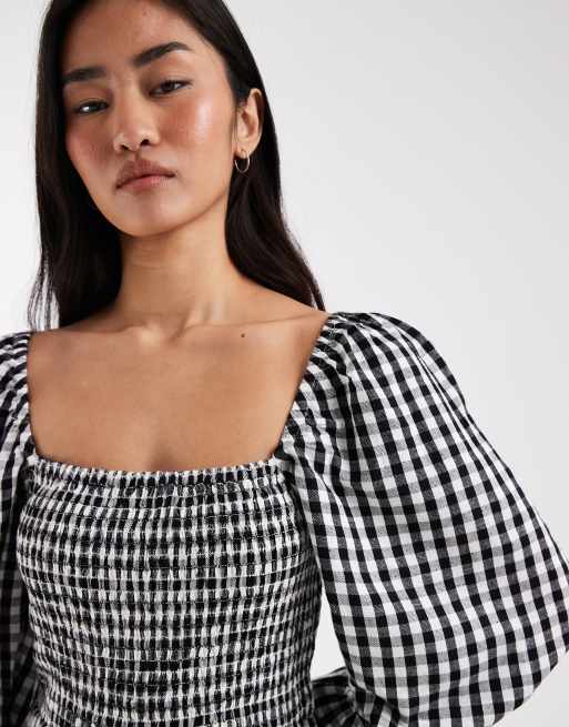 New Look - Vestito milkmaid midi arricciato nero a quadretti , 4 di 4