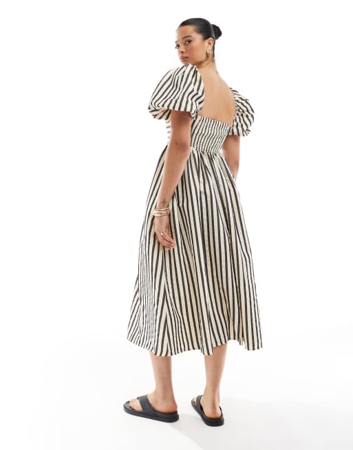 New Look - Vestito milkmaid midi color crema a righe con maniche a sbuffo, 3 di 4